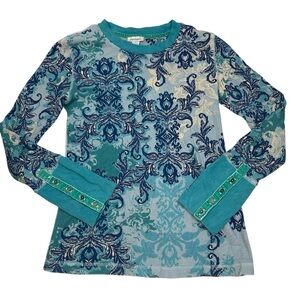 Sundance Catalog Thermal Waffle Knit Floral Top Womens S Blue Paisley Cuffs Boho